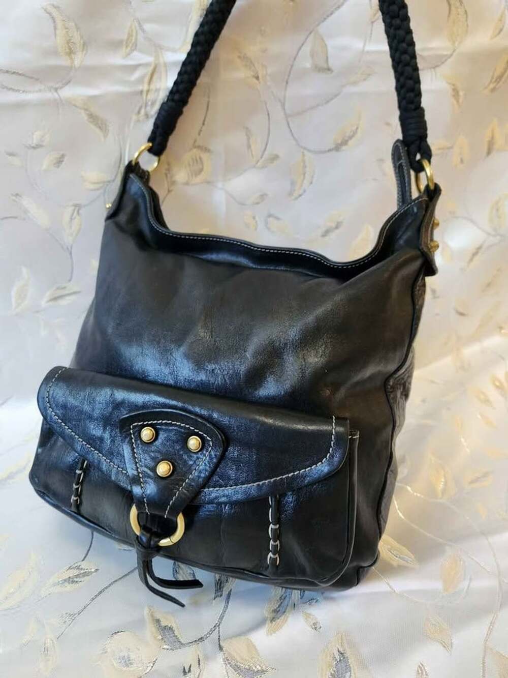 Genuine Black Leather Y2K style Hobo shoulder Bag vintage